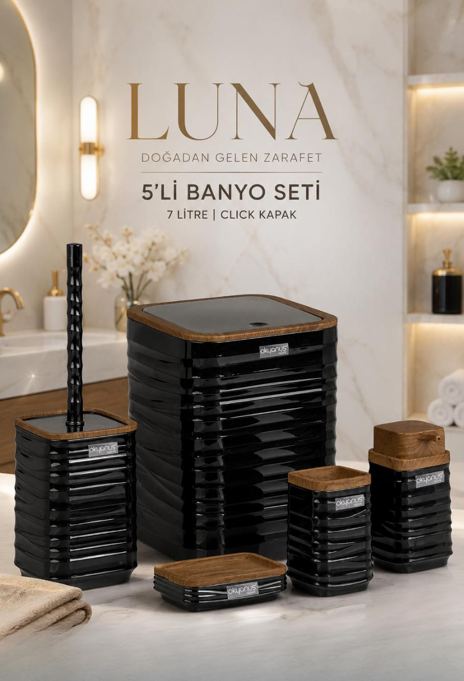 Okyanus Home Luna Siyah Ahşap Desenli Kare 5'li Banyo Seti