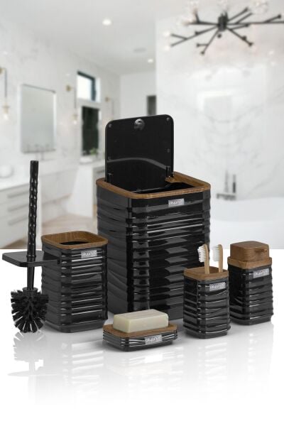 Okyanus Home Luna Siyah Ahşap Desenli Kare 5'li Banyo Seti