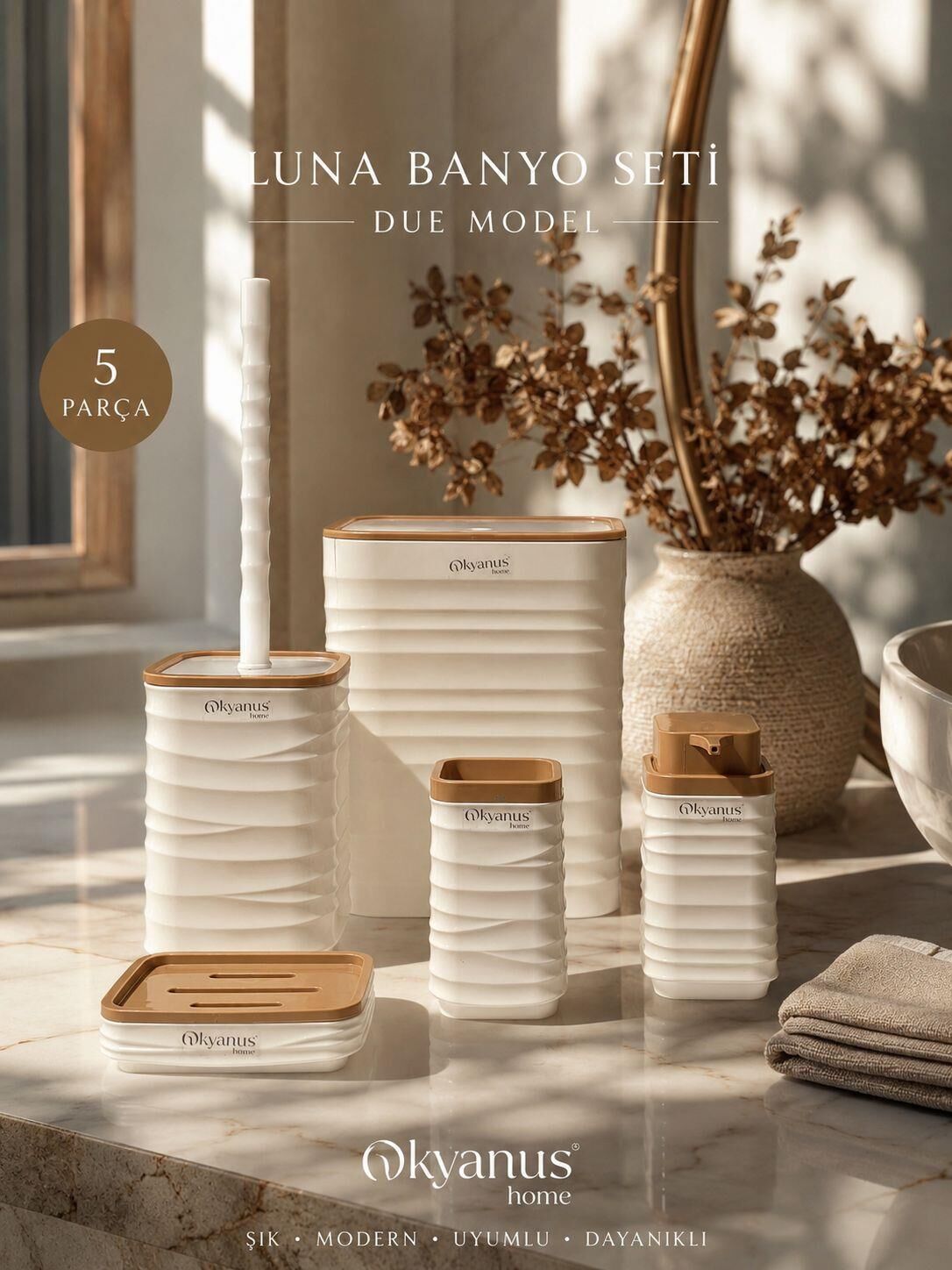 Okyanus Home Luna Beyaz Due Kare 5'li Banyo Seti