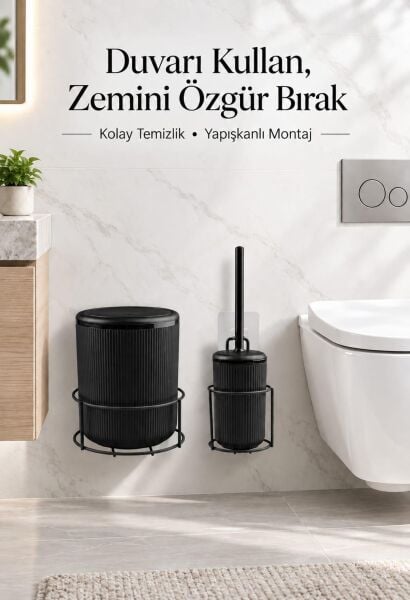 Okyanus Home Siyah Eko Magic Askılı Yuvarlak Linea 2'li Wc Kova ve Fırça Seti