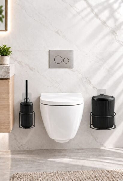 Okyanus Home Siyah Eko Magic Askılı Yuvarlak Linea 2'li Wc Kova ve Fırça Seti