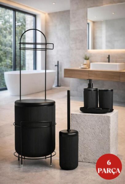 Okyanus Home Siyah Linea Yedekli Wc Kağıtlık ve 6 Parça Banyo Seti