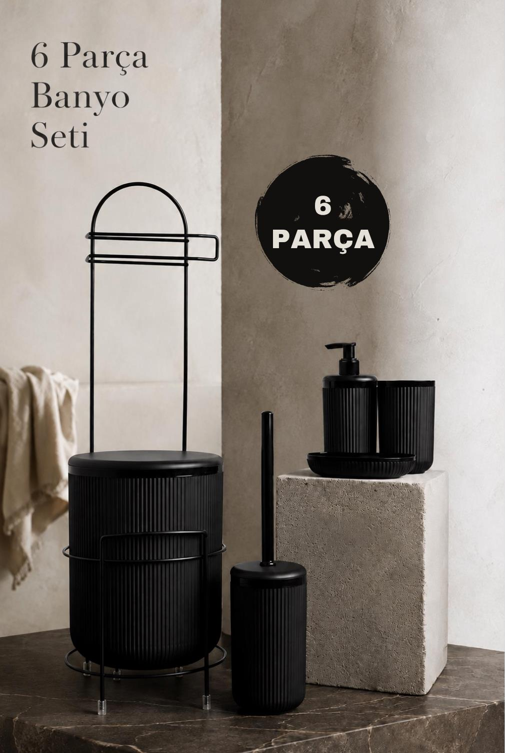 Okyanus Home Siyah Linea Yedekli Wc Kağıtlık ve 6 Parça Banyo Seti