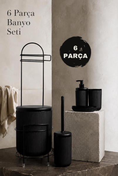 Okyanus Home Siyah Linea Yedekli Wc Kağıtlık ve 6 Parça Banyo Seti