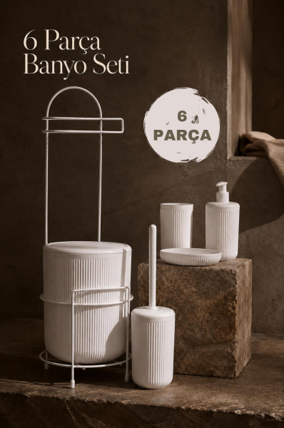 Okyanus Home Beyaz Linea Yedekli Wc Kağıtlık ve 6 Parça Banyo Seti