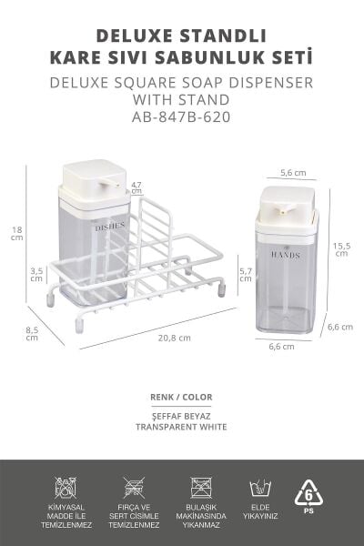 Okyanus Home Beyaz Deluxe Kare Standlı 2'li Şeffaf Sıvı Sabunluk