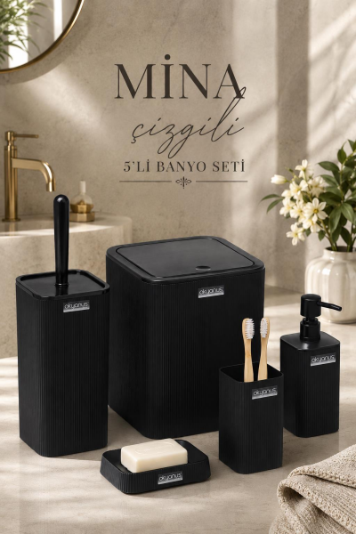 Okyanus Home Mina Siyah Çizgili Kare Banyo Seti