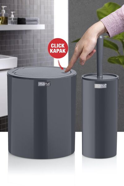 Okyanus Home Antrasit Click Kapak Yuvarlak 2'li Wc Kova ve Fırça Seti