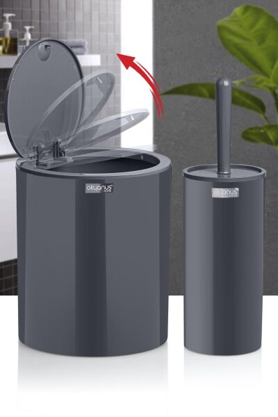 Okyanus Home Antrasit Click Kapak Yuvarlak 2'li Wc Kova ve Fırça Seti
