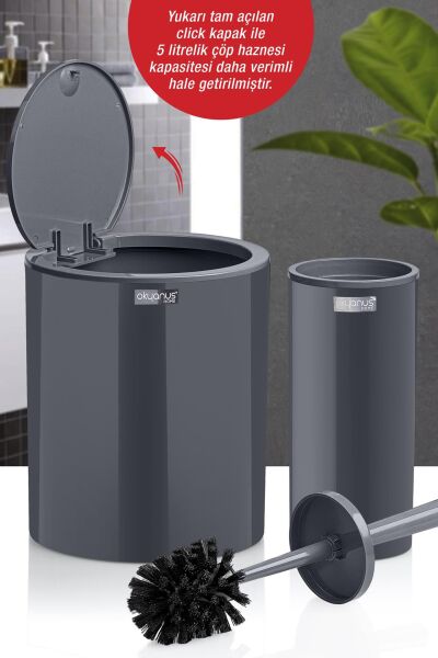 Okyanus Home Antrasit Click Kapak Yuvarlak 2'li Wc Kova ve Fırça Seti