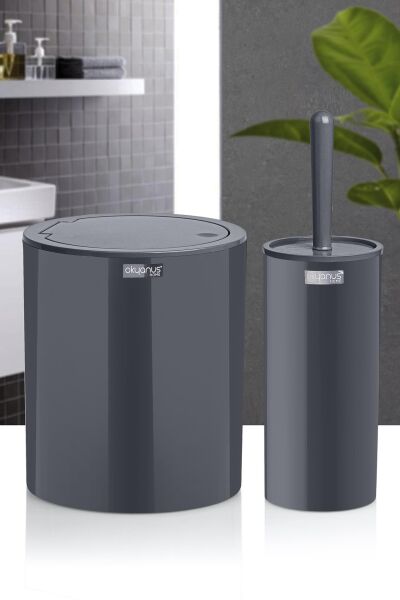 Okyanus Home Antrasit Click Kapak Yuvarlak 2'li Wc Kova ve Fırça Seti