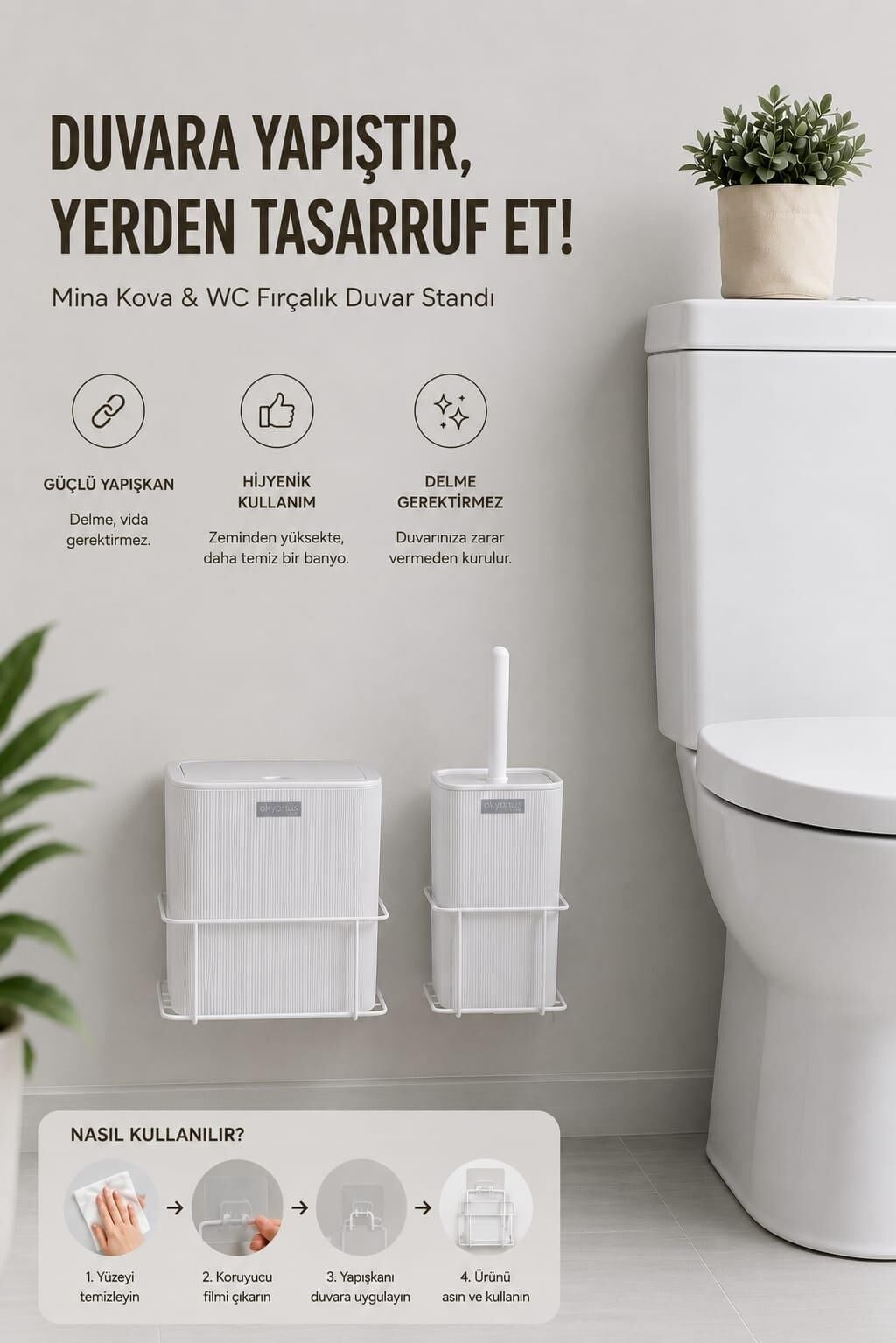 Okyanus Home Beyaz Eko Magic Askılı Kare Mina 2'li Wc Kova ve Fırça Seti
