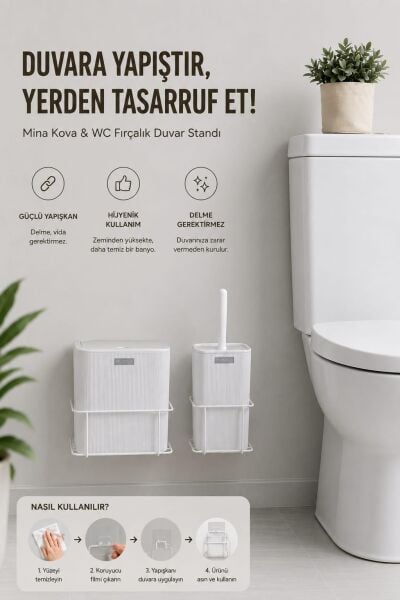 Okyanus Home Beyaz Eko Magic Askılı Kare Mina 2'li Wc Kova ve Fırça Seti