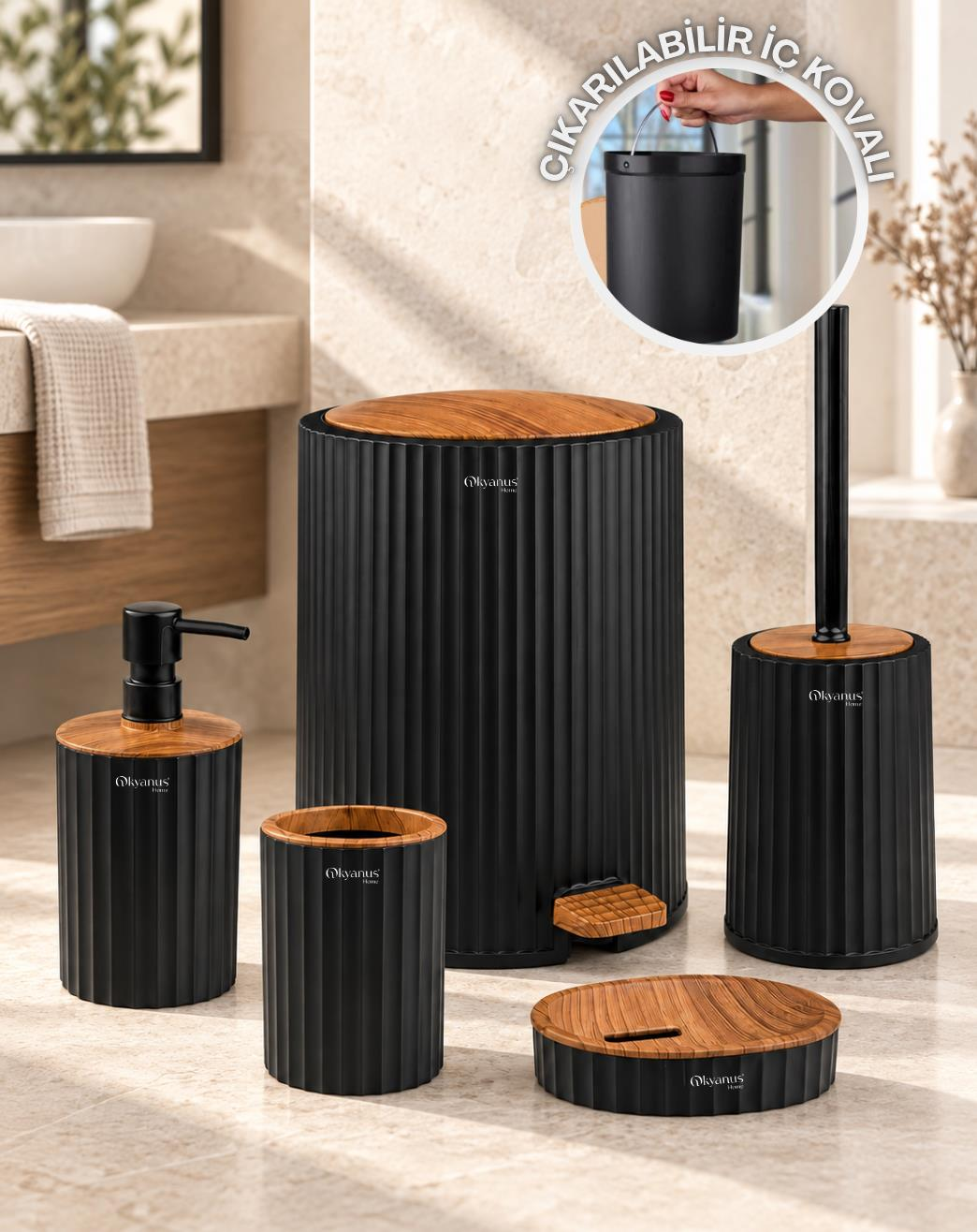 Okyanus Home Coliseum Siyah Ahşap Desenli Kovalı Pedallı 5'li Banyo Seti