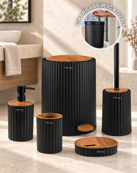 Okyanus Home Coliseum Siyah Ahşap Desenli Kovalı Pedallı 5'li Banyo Seti