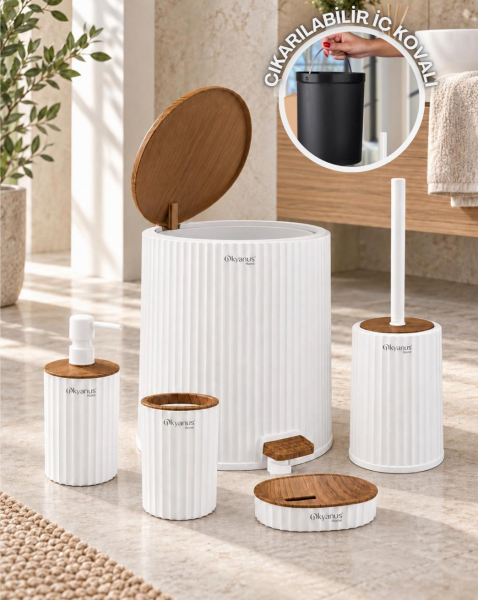 Okyanus Home Coliseum Beyaz Ahşap Desenli Kovalı Pedallı 5'li Banyo Seti