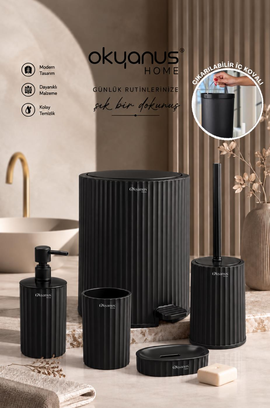 Okyanus Home Coliseum Siyah İç Kovalı Pedallı 5'li Banyo Seti