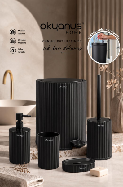 Okyanus Home Coliseum Siyah İç Kovalı Pedallı 5'li Banyo Seti