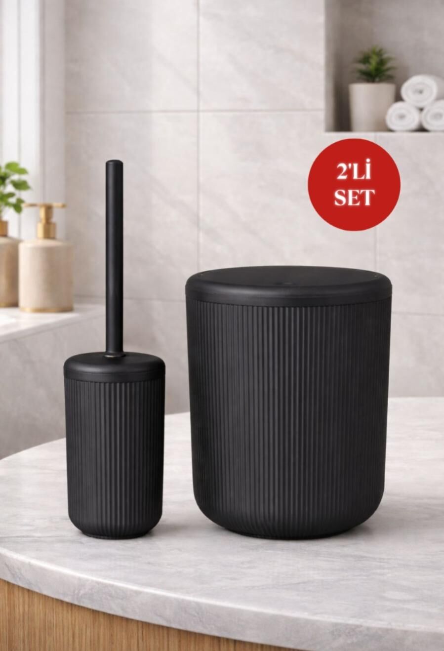 Okyanus Home Linea Siyah Çizgili Yuvarlak 2'li Wc Kova ve Fırça Seti