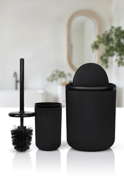 Okyanus Home Linea Siyah Çizgili Yuvarlak 2'li Wc Kova ve Fırça Seti