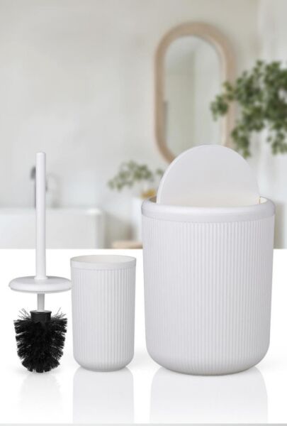 Okyanus Home Linea Kırık Beyaz Çizgili Yuvarlak 2'li Wc Kova ve Fırça Seti