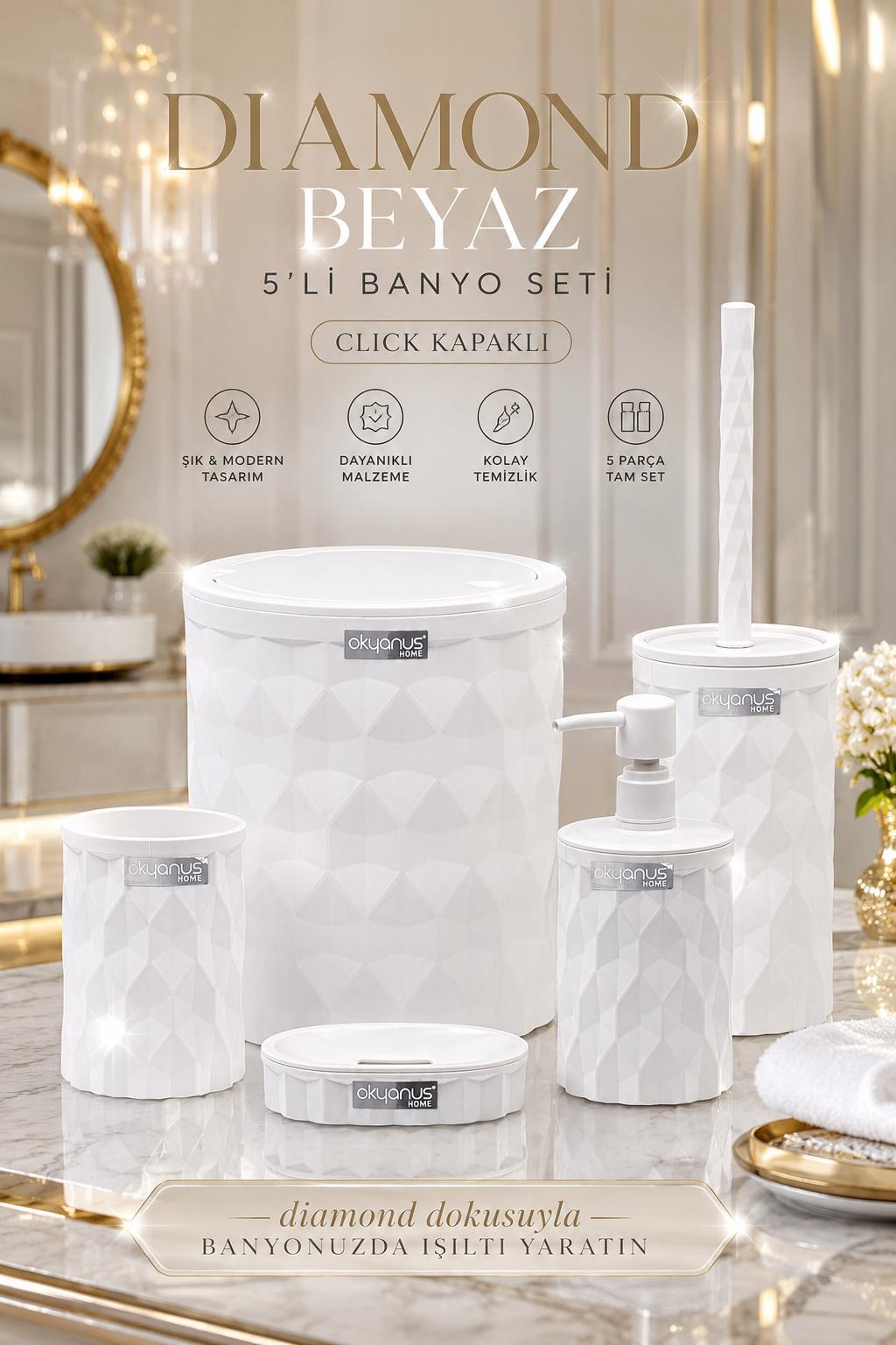 Okyanus Home Diamond Beyaz Click Kapak 5'li Banyo Seti