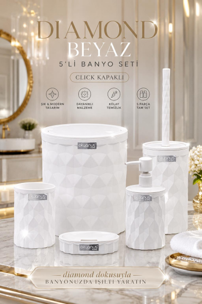 Okyanus Home Diamond Beyaz Click Kapak 5'li Banyo Seti
