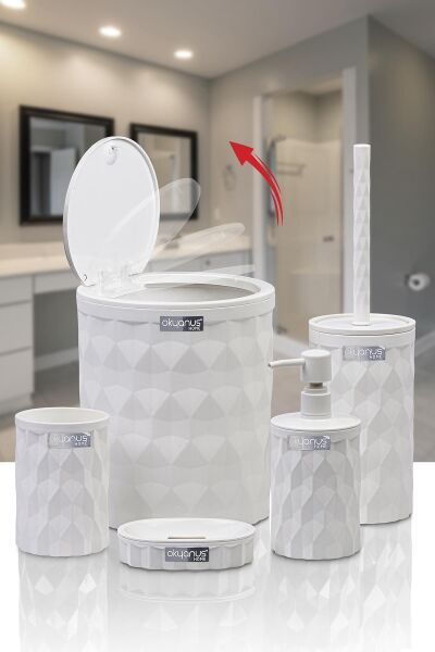 Okyanus Home Diamond Beyaz Click Kapak 5'li Banyo Seti