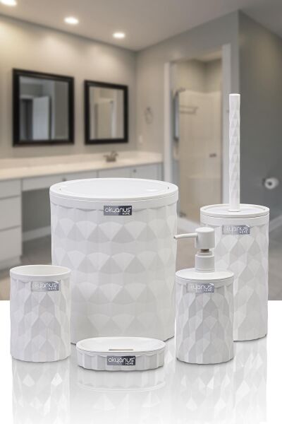Okyanus Home Diamond Beyaz Click Kapak 5'li Banyo Seti