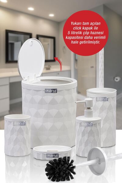 Okyanus Home Diamond Beyaz Click Kapak 5'li Banyo Seti