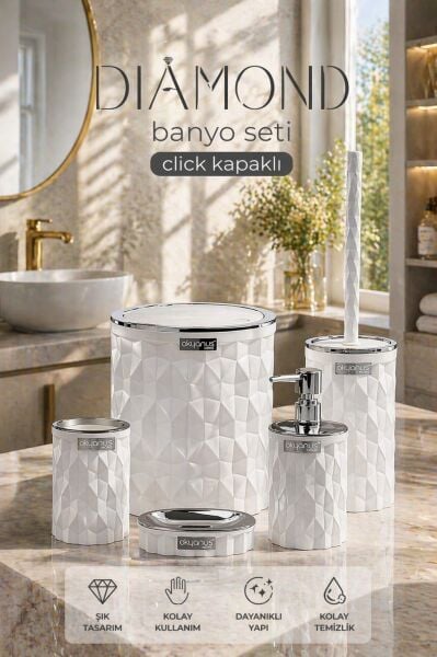 Okyanus Home Diamond Beyaz Kromlu Click Kapak 5'li Banyo Seti