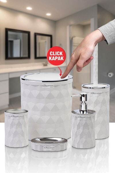 Okyanus Home Diamond Beyaz Kromlu Click Kapak 5'li Banyo Seti