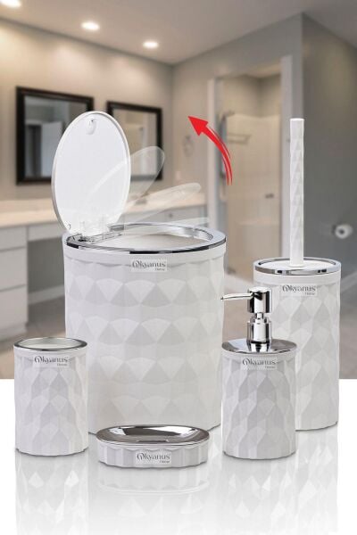 Okyanus Home Diamond Beyaz Kromlu Click Kapak 5'li Banyo Seti