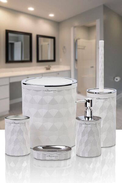 Okyanus Home Diamond Beyaz Kromlu Click Kapak 5'li Banyo Seti