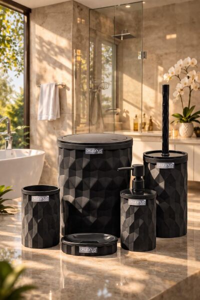 Okyanus Home Diamond Siyah Click Kapak 5'li Banyo Seti