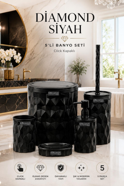 Okyanus Home Diamond Siyah Click Kapak 5'li Banyo Seti