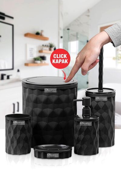 Okyanus Home Diamond Siyah Click Kapak 5'li Banyo Seti