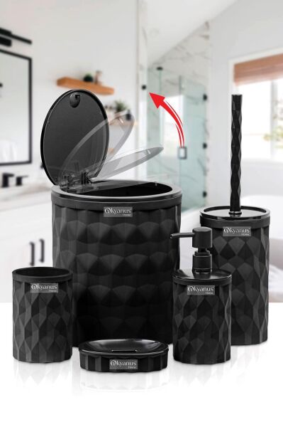 Okyanus Home Diamond Siyah Click Kapak 5'li Banyo Seti