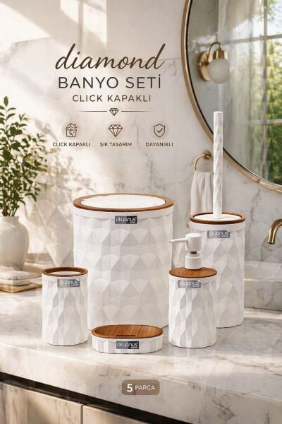 Okyanus Home Diamond Beyaz Ahşap Click Kapak 5'li Banyo Seti
