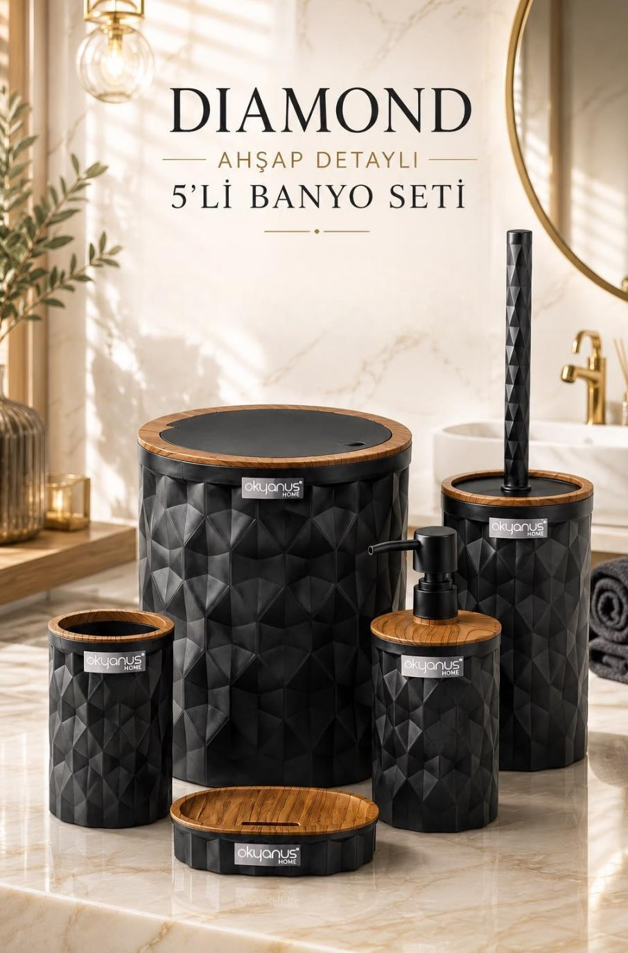 Okyanus Home Diamond Siyah Ahşap Click Kapak 5'li Banyo Seti