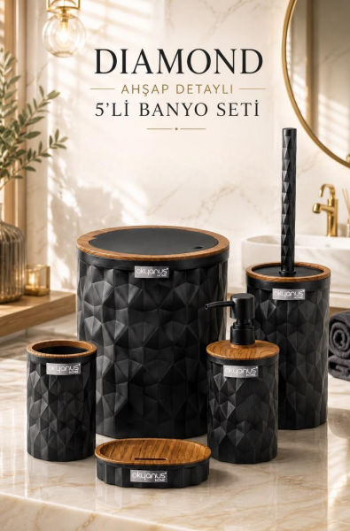 Okyanus Home Diamond Siyah Ahşap Click Kapak 5'li Banyo Seti