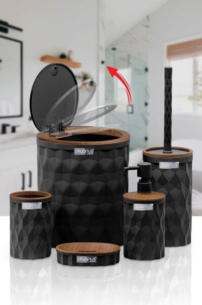 Okyanus Home Diamond Siyah Ahşap Click Kapak 5'li Banyo Seti