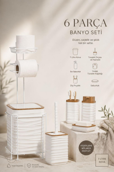 Okyanus Home Beyaz Ahşap Desenli Luna Kare Yedekli Wc Kağıtlık ve 6 Parça Banyo Seti