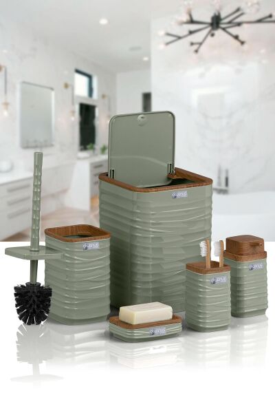 Okyanus Home Luna Yeşil Ahşap Desenli Kare 5'li Banyo Seti
