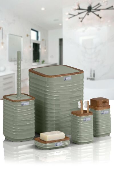 Okyanus Home Luna Yeşil Ahşap Desenli Kare 5'li Banyo Seti