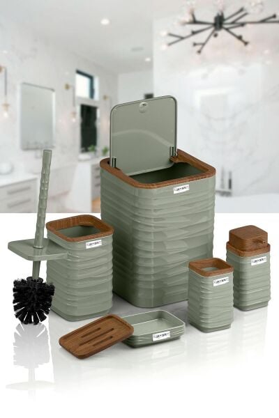 Okyanus Home Luna Yeşil Ahşap Desenli Kare 5'li Banyo Seti