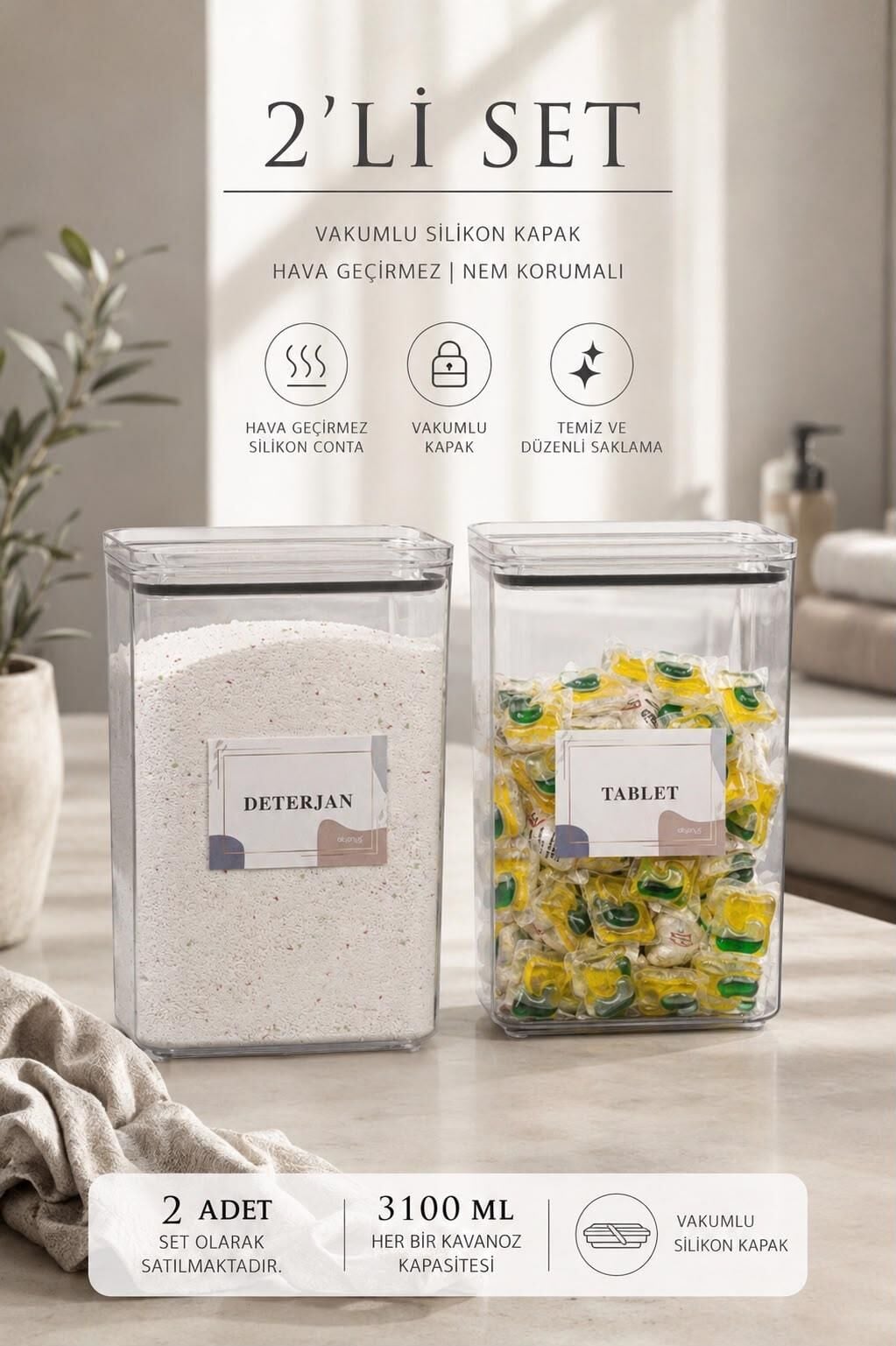 Okyanus Home Deterjan-Tablet 2 Adet Vakumlu Dikdörtgen 3.1 lt Saklama Kabı