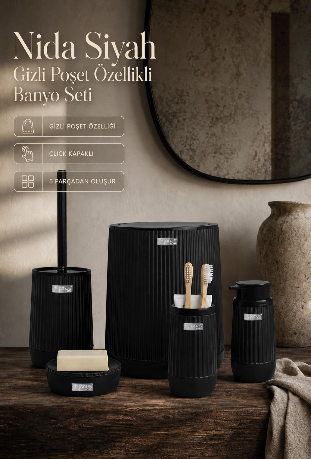 Okyanus Home Nida Siyah 5'li Banyo Seti
