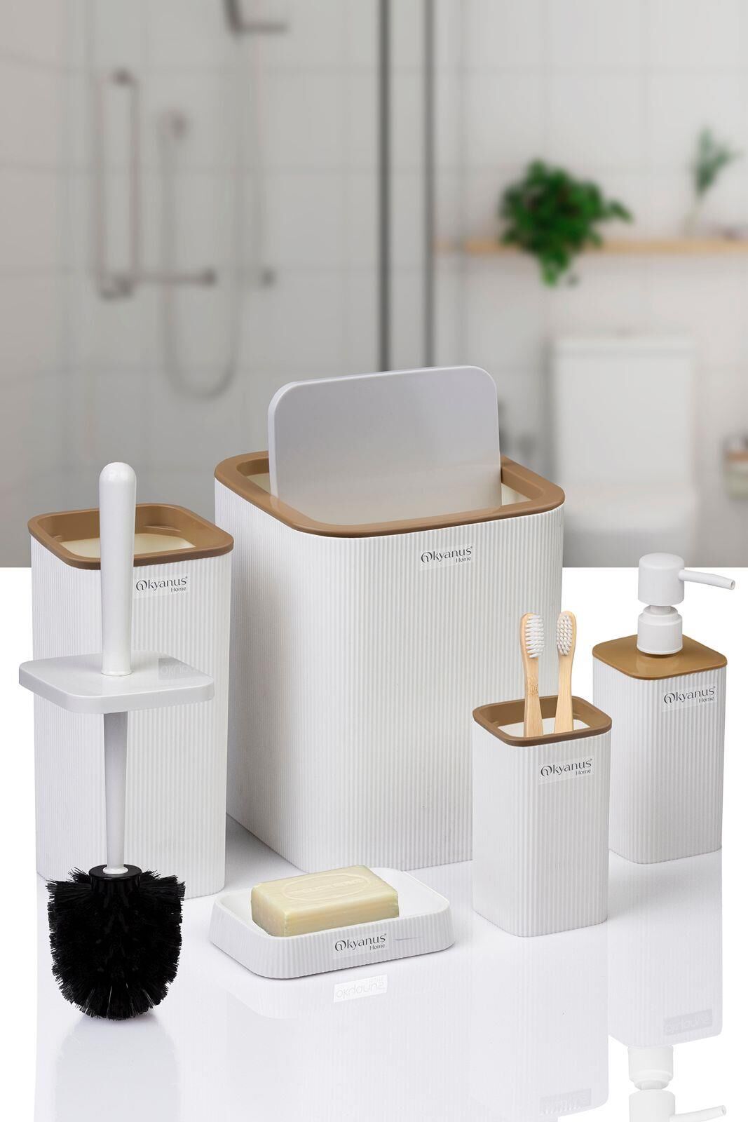 Okyanus Home Mina Due Beyaz Çizgili Kare 5'li Banyo Seti