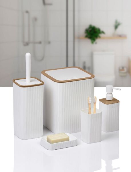 Okyanus Home Mina Due Beyaz Çizgili Kare 5'li Banyo Seti